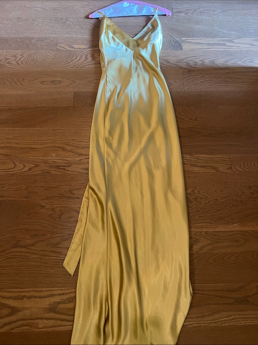 Satin V-Neck Maxi Slip Dress in Mustard Yellow
